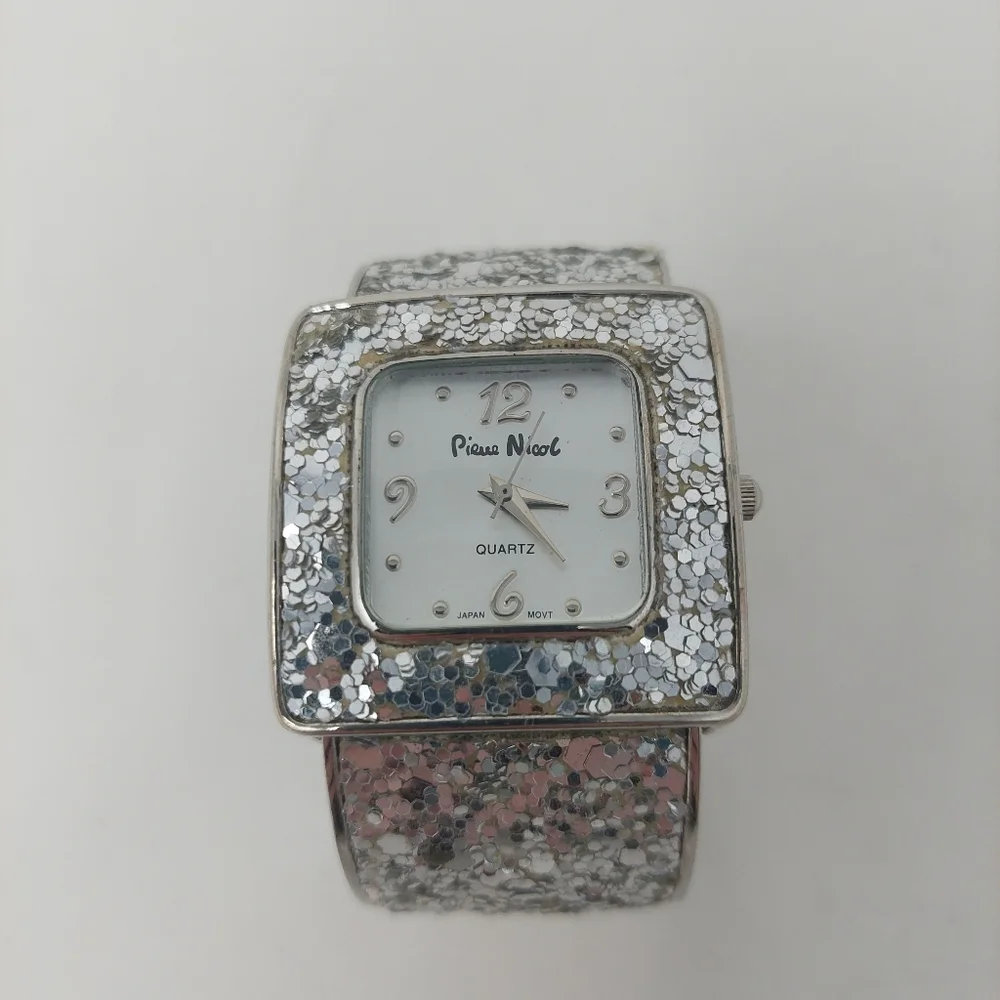 Pierre Nicol Silver Sequin Sparkly Watch Cuff Bracelet Square Face Glam Bling